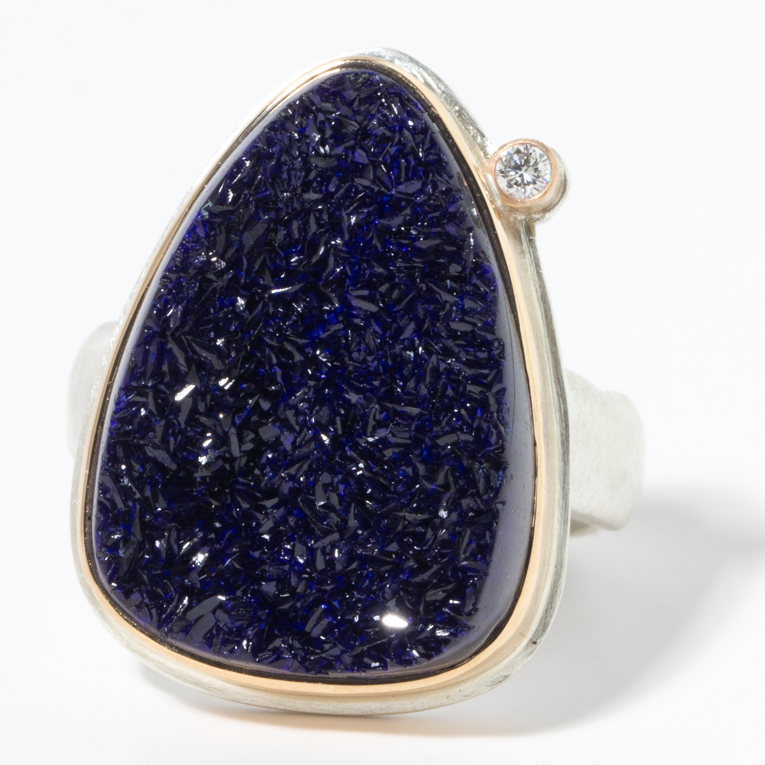 Jamie Joseph: Sterling & 14K Gold Ring w/ Vertical Asymmetrical Surface Cut AZURITE & .03 ct Satellite Diamond on Groovy Band, Size 7 1/4