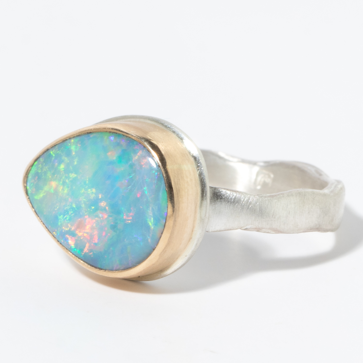 Jamie Joseph: Sterling & 14K Gold Ring w/ Small Teardrop AUSTRALIAN OPAL on Eroded Live Edge Band, Size 7 1/2
