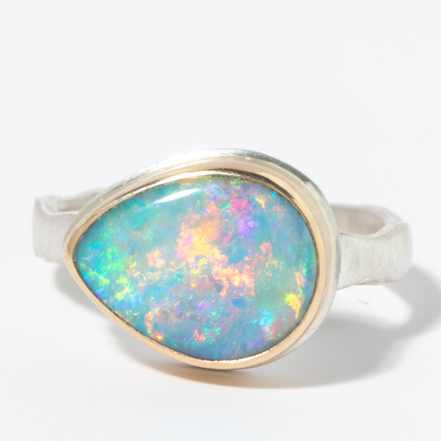 Jamie Joseph: Sterling & 14K Gold Ring w/ Small Teardrop AUSTRALIAN OPAL on Eroded Live Edge Band, Size 7 1/2