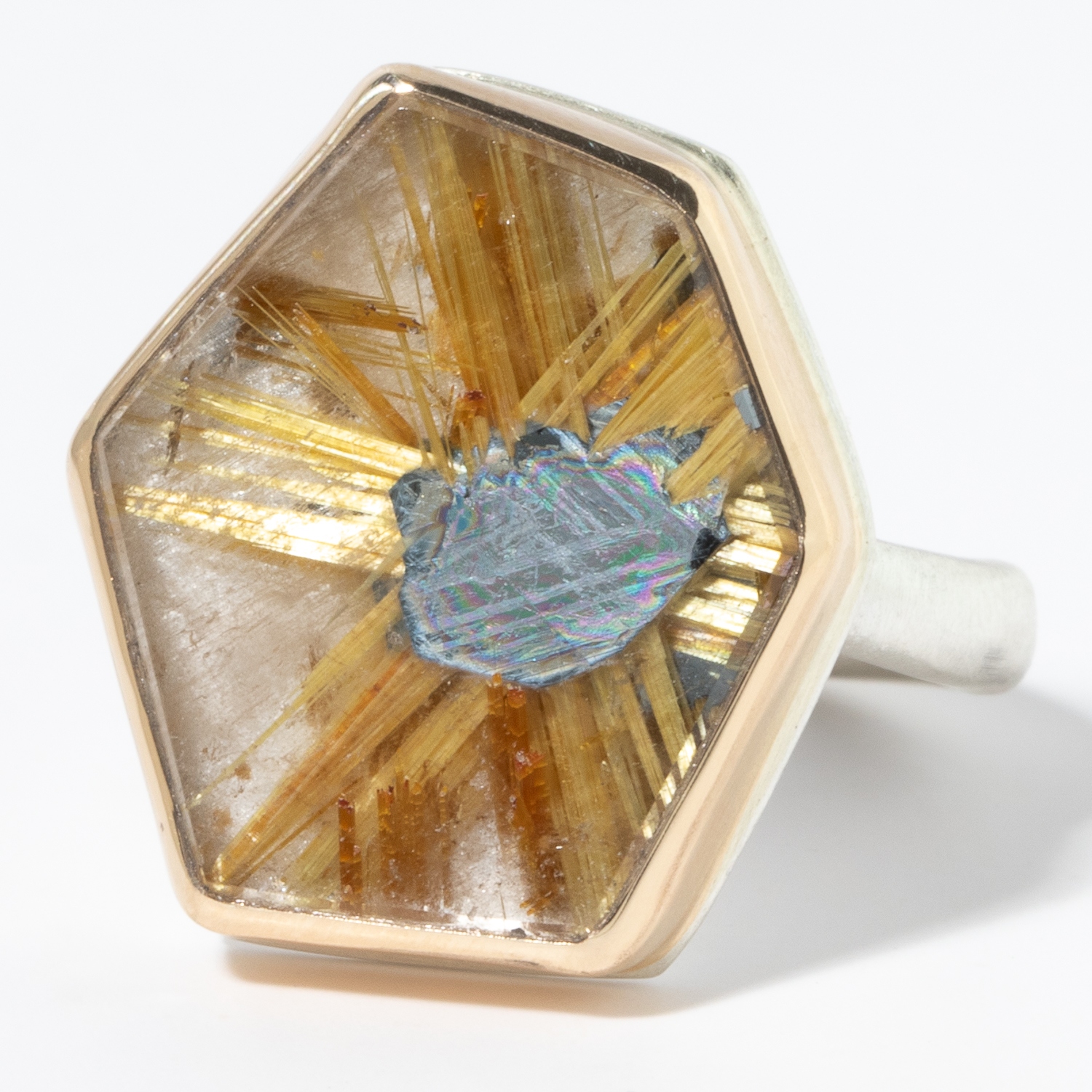 Jamie Joseph: Sterling & 14K Gold Ring w/ Vertical Asymmetrical Smooth STAR RUTILATED QUARTZ on Middle Organic Band, Size 7 1/2