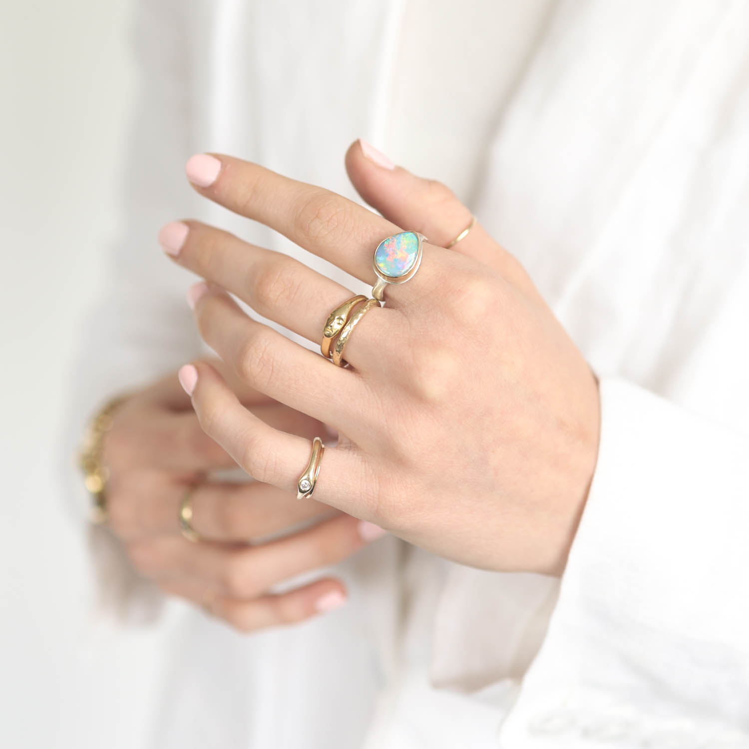 Jamie Joseph: Sterling & 14K Gold Ring w/ Small Teardrop AUSTRALIAN OPAL on Eroded Live Edge Band, Size 7 1/2