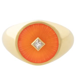 L'atelier Nawbar:Warrior Hex ring 18k yg,hand painted Orange enamel,0.03ct round white diamonds,5.32gms,SZ 4.25