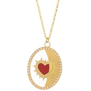 L'atelier Nawbar:Necklace 18k YG,Ibiza Element,0.13ct white diamonds inlaid with cristal de roche,red coral stones,5.76gm