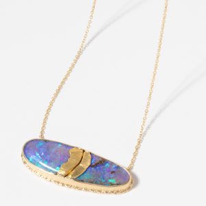 Jamie Joseph:18 & 22K Gold Necklace w/ Large Asymmetrical 22K Golden Joinery BOULDER OPAL in 18K Open Back Ruffled Edge Setting & Chain (18") 3/8x1 5/16