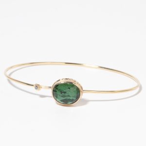 Jamie Joseph: 14K Gold Bracelet w/ Oval Rose Cut GREEN TOURMALINE on Ruffled Platform w/ 0.03 ct Diamond Accent, 3/8" x 1/2"