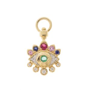 Three Stories Jewelry: SINGLE Bejeweled Evil Eye Top Switch Charm, 0.06 TCW GSI Dia, Ruby, Emerald, and Sapphire, 14k yellow gold