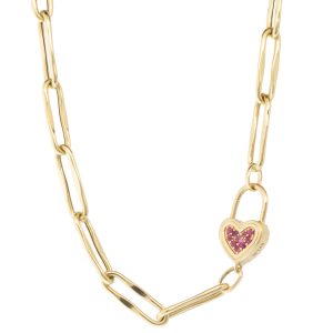 Three Stories Jewelry: Love Lock w/ Large Wavy Paperclip Chain 16", 14k yellow gold