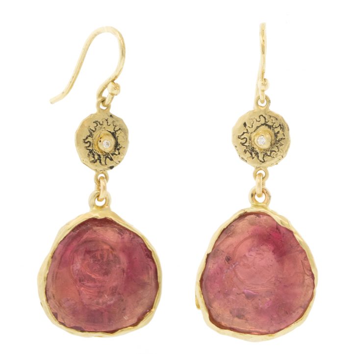 Victoria Cunningham Trunk Show: 9.3ct pink tourmaline + 14k mount earrings, Measure 1 7/16" x 9/16" including earwire