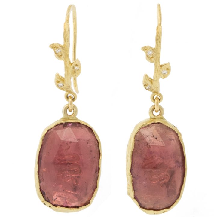 Victoria Cunningham Trunk Show: 9.5ct pink tourmaline + 14k mount earrings, Measure 1 7/16" x 7/16" including earwire