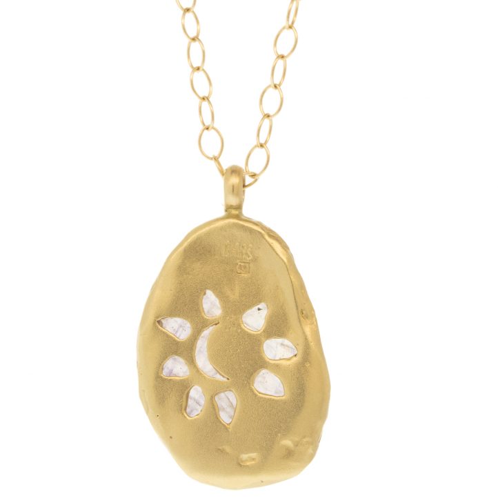 Victoria Cunningham Trunk Show:14k ,17ct Pink Sapphire + 14k sun/moon back (pendant only), Measures 1 1/16" x 5/8" including bail