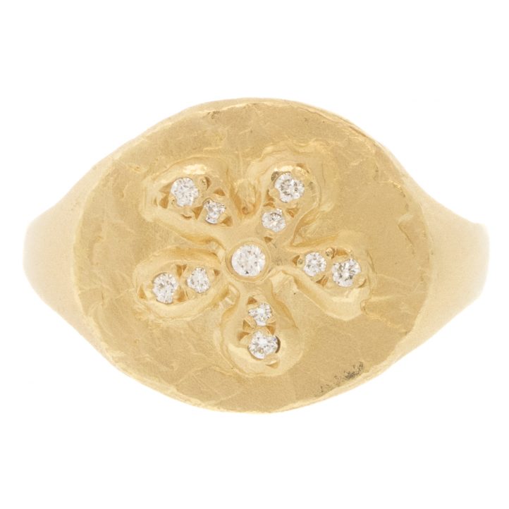 Victoria Cunningham Trunk Show: 14K flower power pave, Size 6 3/4, Signet measures 1/2" x 5/8"
