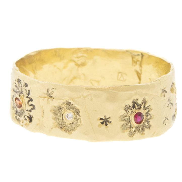 Victoria Cunningham Trunk Show: 14k Artemis band w/ruby, sapphire,diamond, Size 8 1/4, Width 1/4"