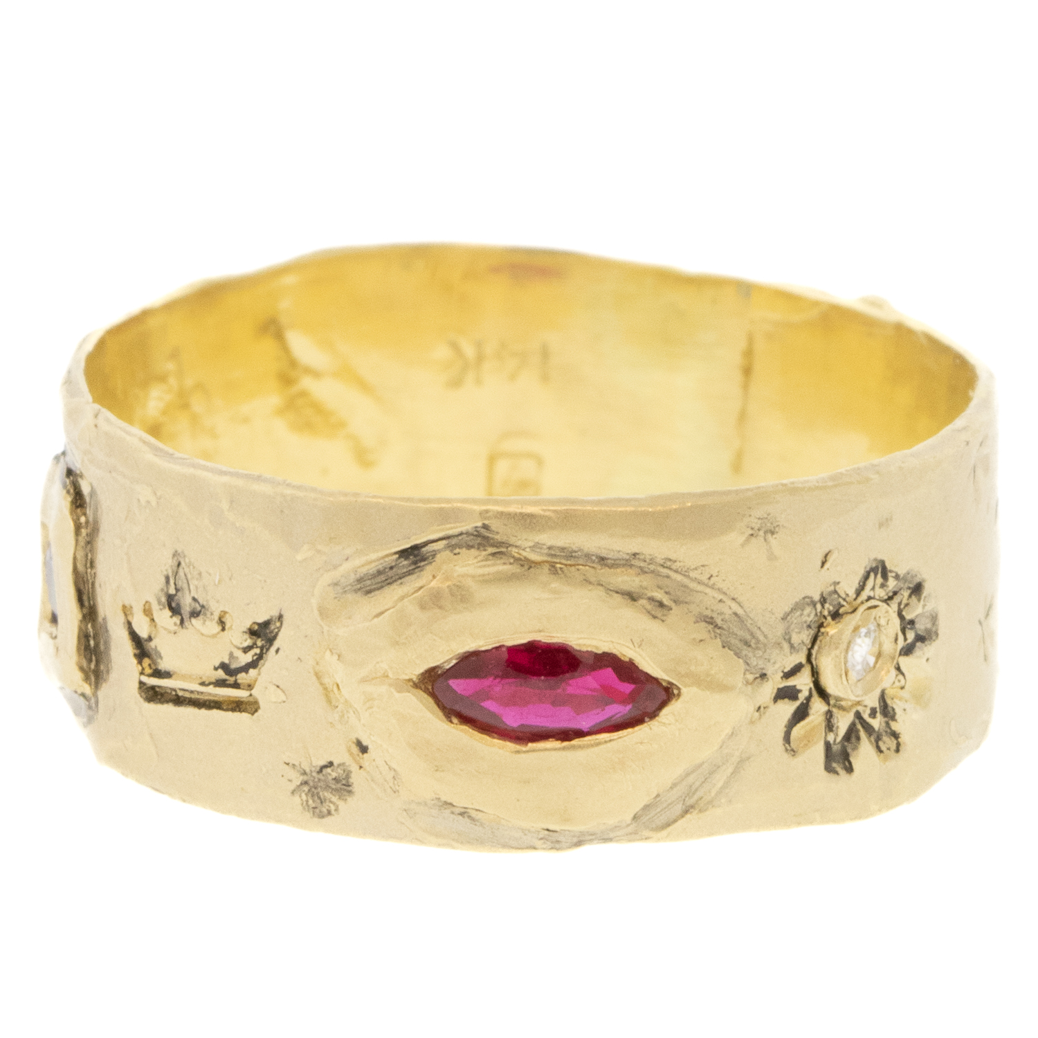 Victoria Cunningham Trunk Show:14k Hera & Zeus Band,Marquis Ruby and Princess cut Sapphire, Size 8 1/4, Width 1/4"