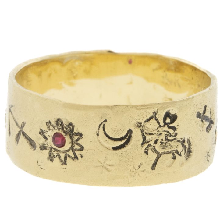 Victoria Cunningham Trunk Show: 14K sagittarius ring, Size 8 1/4, Width 5/16"