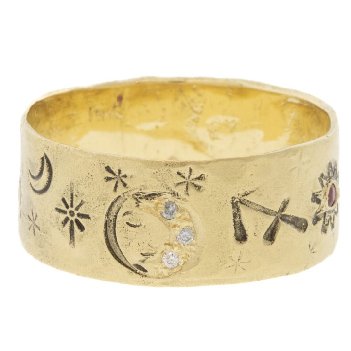 Victoria Cunningham Trunk Show: 14K sagittarius ring, Size 8 1/4, Width 5/16"