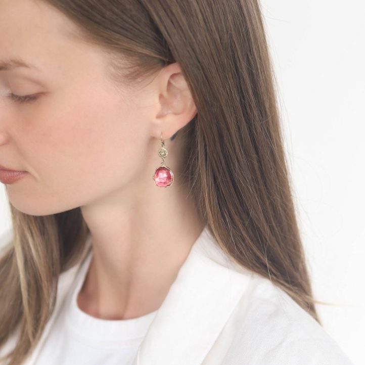 Victoria Cunningham Trunk Show: 9.3ct pink tourmaline + 14k mount earrings, Measure 1 7/16" x 9/16" including earwire