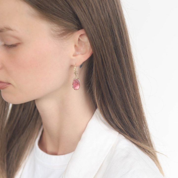 Victoria Cunningham Trunk Show: 9.5ct pink tourmaline + 14k mount earrings, Measure 1 7/16" x 7/16" including earwire