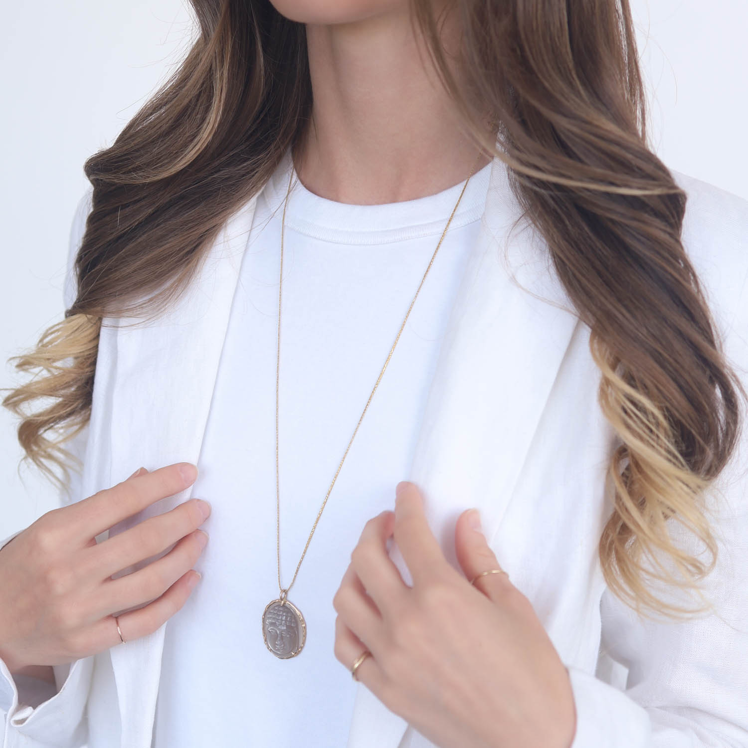 Victoria Cunningham Trunk Show:14k 25ct carved buddha moonstone (pendant only), Measures 1 7/16" x 1" including bail