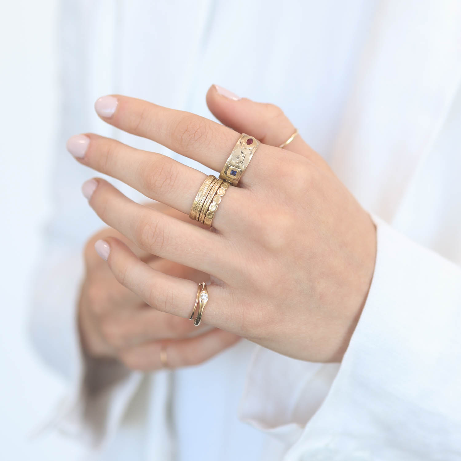 Victoria Cunningham Trunk Show:14k Hera & Zeus Band,Marquis Ruby and Princess cut Sapphire, Size 8 1/4, Width 1/4"