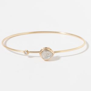 Jamie Joseph: 14K Gold Bracelet w/ 1.41 ct Teardrop Faceted RUSTIC DIAMOND on Ruffed Platform w/ 03 ct Diamond Accent 3/16" x 1/4"