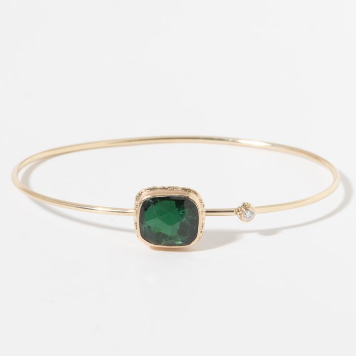 Jamie Joseph: 14K Gold Bracelet w/ Rectangular Rose Cut GREEN TOURMALINE on Ruffled Platform w/.03 ct Diamond Accent 5/16" x 3/8"