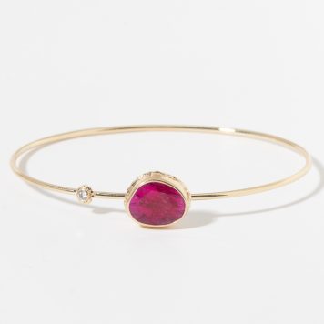 Jamie Joseph: 14K Gold Bracelet w/ Tear Drop Rose CutAFRICAN RUBY (heat treated) on Rufted Plattorm w/ Two Diamond Accents (085 tcw) 5/16" x 3/8"