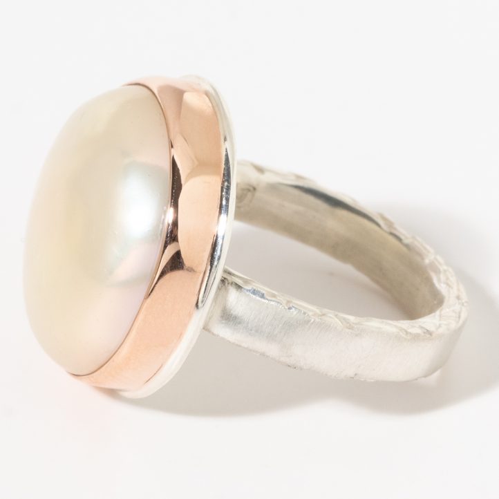 Jamie Joseph:Sterling & 14K Rose Gold Ring w/ Round PINK CULTURED PEARL on Middle Bark Band,sz 7.75,11/16 x 11/16