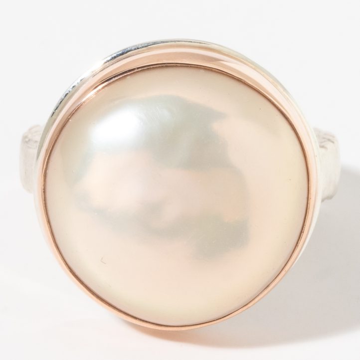 Jamie Joseph:Sterling & 14K Rose Gold Ring w/ Round PINK CULTURED PEARL on Middle Bark Band,sz 7.75,11/16 x 11/16