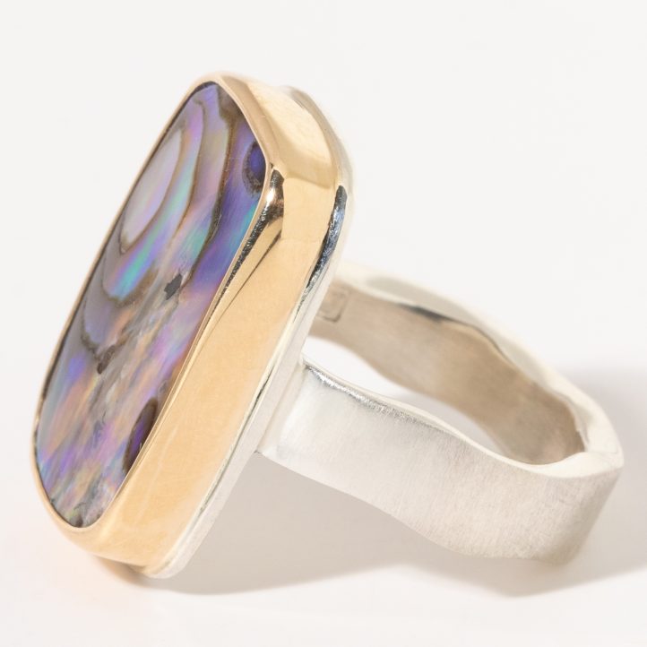 Jamie Joseph:  Sterling & 14K Gold Ring w/ Vertical Rectangular ABALONE on Live Edge Band 3/4" x 1/2" 7