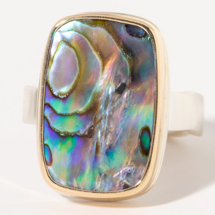 Jamie Joseph:  Sterling & 14K Gold Ring w/ Vertical Rectangular ABALONE on Live Edge Band 3/4" x 1/2" 7