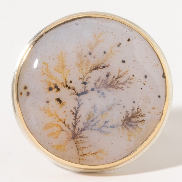 Jamie Joseph:Sterling & 14K Gold Ring w/ Round DENDRITIC AGATE on Groovy Band,sz 7.5,7/8 x 7/8