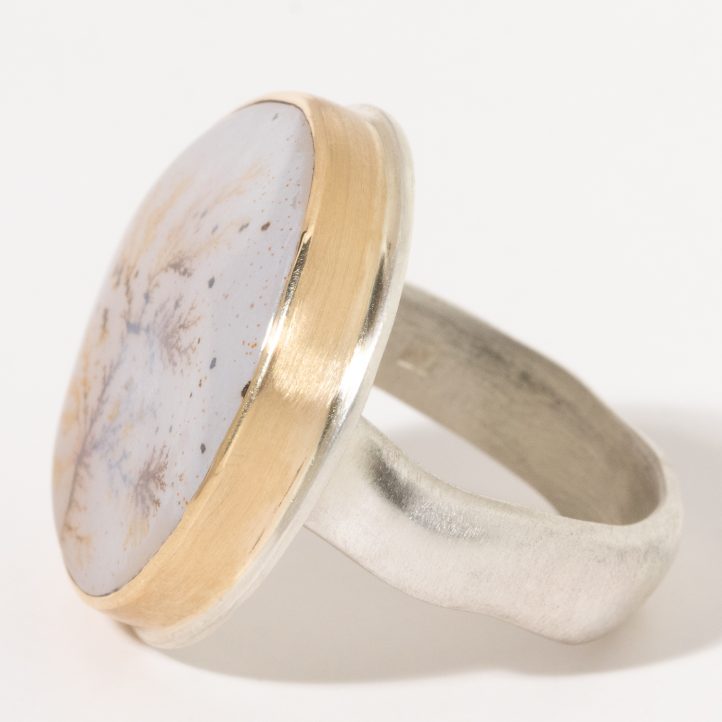Jamie Joseph:Sterling & 14K Gold Ring w/ Round DENDRITIC AGATE on Groovy Band,sz 7.5,7/8 x 7/8