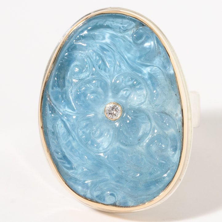 Jamie Joseph:  Sterling & 14K Gold Ring w/ Vertical Asymmetrical Hand Carved AQUAMARINE & .03 ct Diamond on Live Edge Band 1 1/16" x 3/4" 8