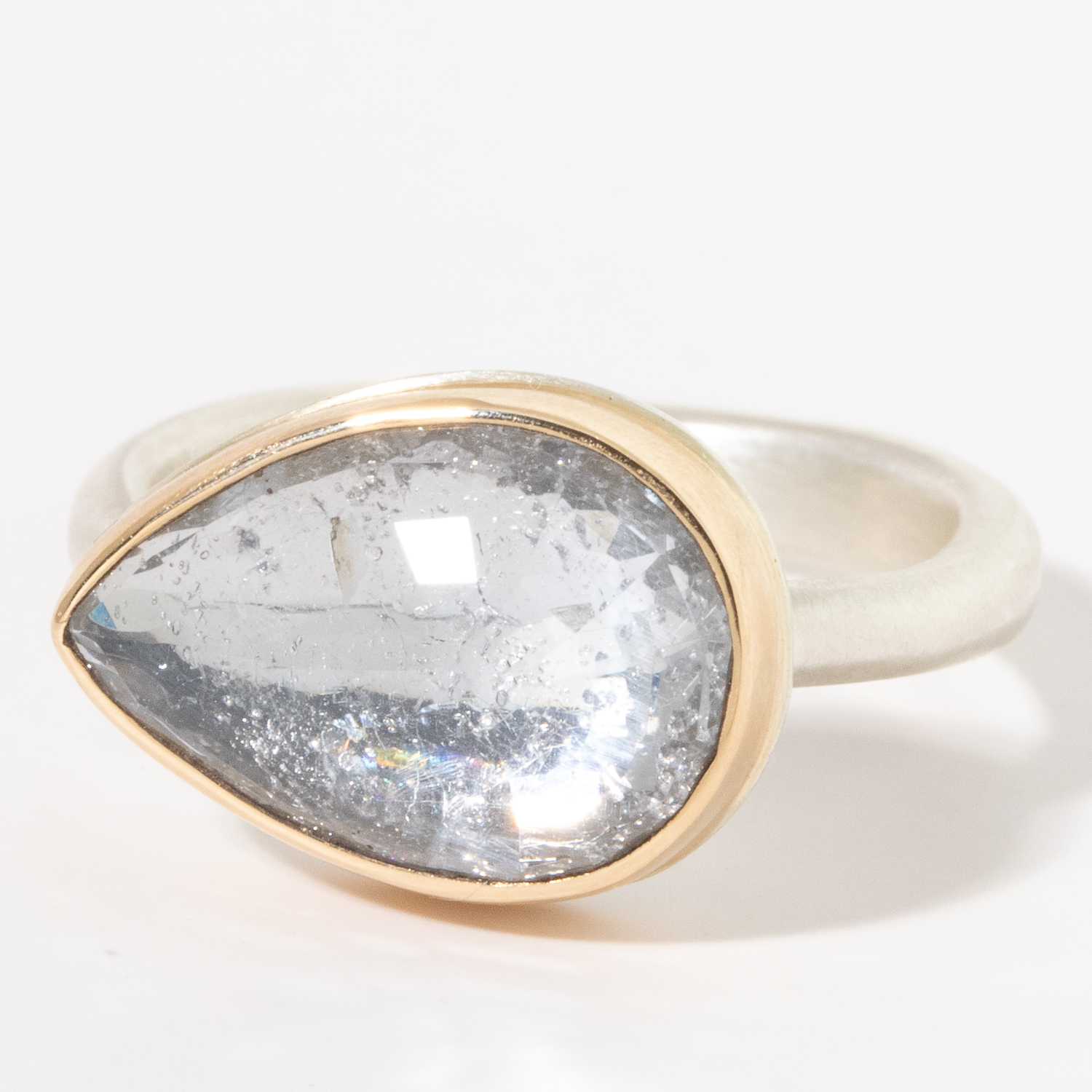 Jamie Joseph:Sterling & 14K Gold Ring w/ Teardrop Inverted BLUE BERYL on Egyptian Band,7.75 3/8 x 9/16