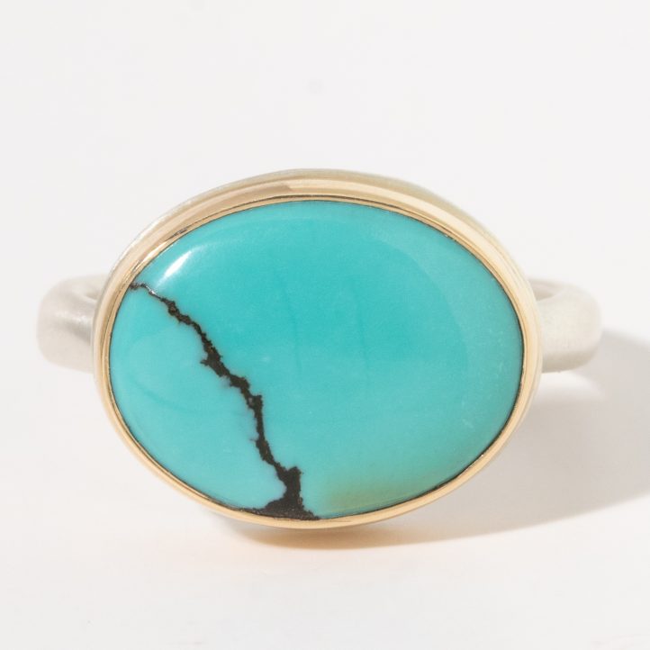 Jamie Joseph: Sterling & 14K Gold Ring w/ Small Oval Smooth HUBEI TURQUOISE on Middle Organic Band, sz 7.5, 7.16" x 5/8"
