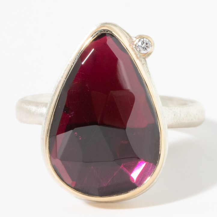 Jamie Joseph: Sterling & 14K Gold Ring w/ Vertical Teardrop Rose Cut RHODOLITE GARNET & .025 ct Satellite Diamond on Egyptian Band 11/16" x 7/16" 7