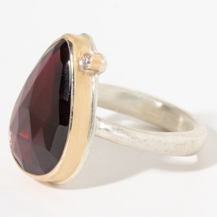Jamie Joseph: Sterling & 14K Gold Ring w/ Vertical Teardrop Rose Cut RHODOLITE GARNET & .025 ct Satellite Diamond on Egyptian Band 11/16" x 7/16" 7