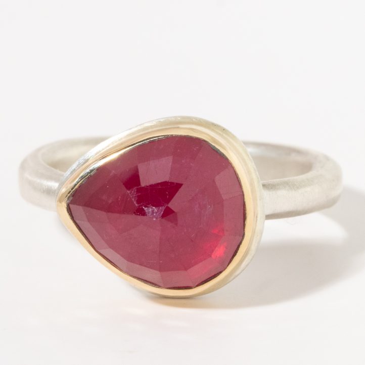 Jamie Joseph : Sterling & 14K Gold Ring ,Small teardrop inverted African Ruby on Egyptian band 3/8" x 3/8" 6.5