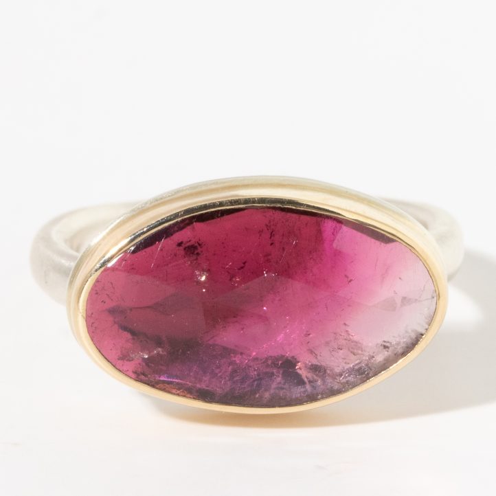 Jamie Joseph: Sterling & 14K Gold Ring w/ Small Asymmetrical Rose Cut PINK TOURMALINE on Middle Organic Band, sz 7.25, 3/8" x 11/16"