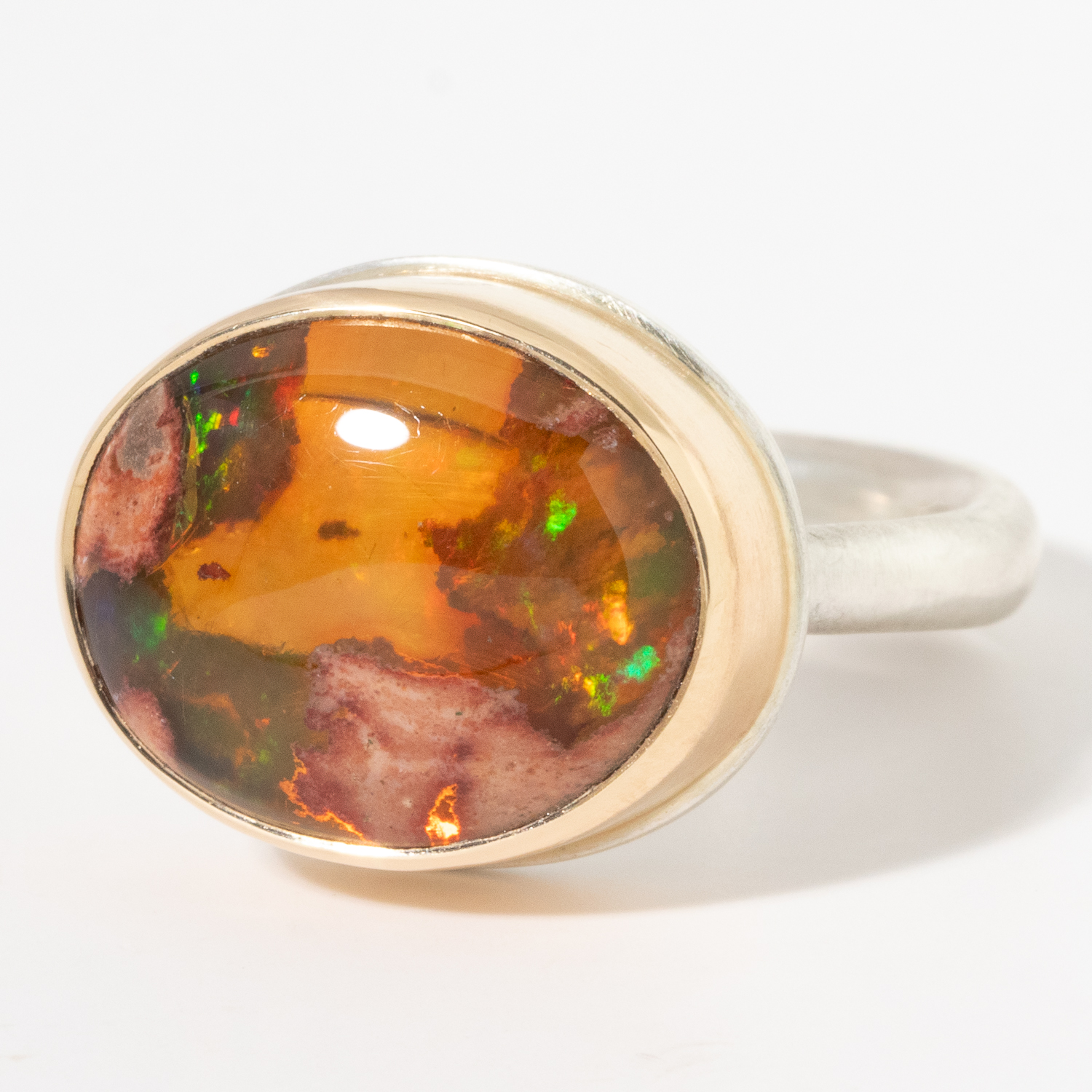 Jamie Joseph:Sterling & 14K Gold Ring w/ Oval MEXICAN FIRE OPAL on Egyptian Band,sz 7.25.1/2 x 5/8