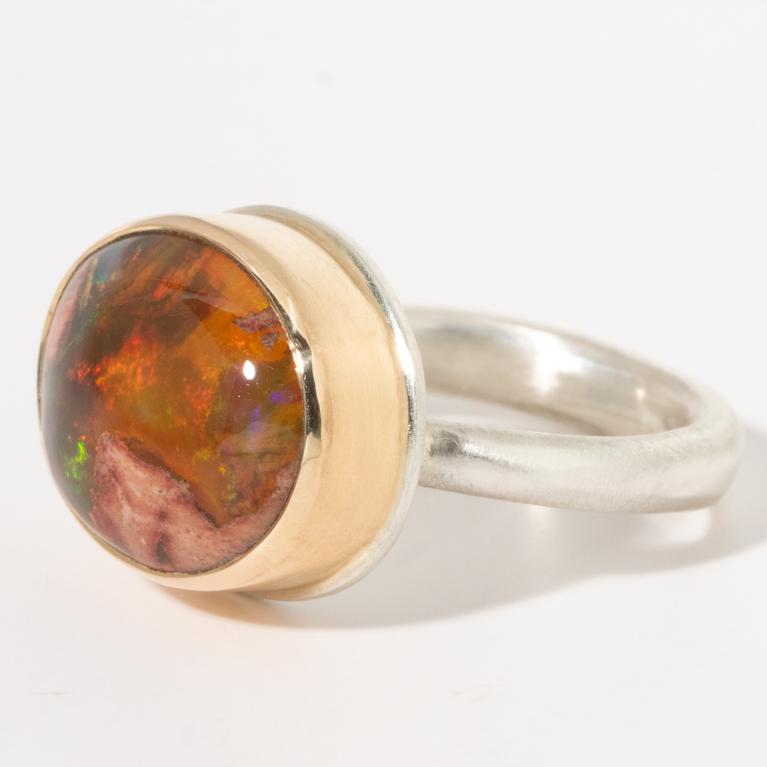 Jamie Joseph:Sterling & 14K Gold Ring w/ Oval MEXICAN FIRE OPAL on Egyptian Band,sz 7.25.1/2 x 5/8
