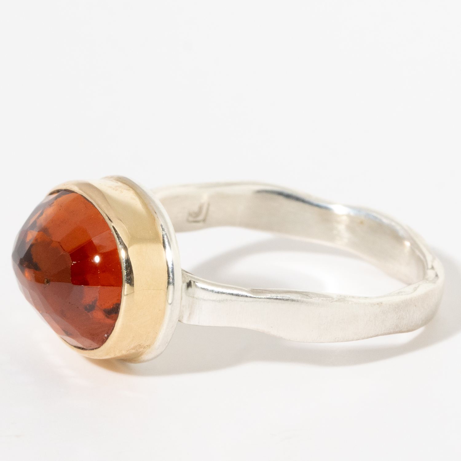 Jamie Joseph:Sterling & 14K Gold Small Oval Inverted HESSONITE GARNET on Eroded Live Edge Band,SZ 7.25,5/16 X 7/16
