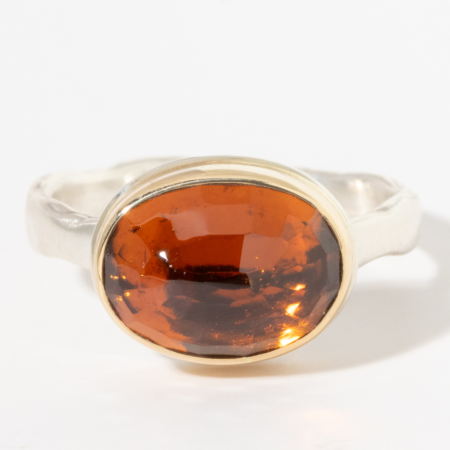 Jamie Joseph:Sterling & 14K Gold Small Oval Inverted HESSONITE GARNET on Eroded Live Edge Band,SZ 7.25,5/16 X 7/16