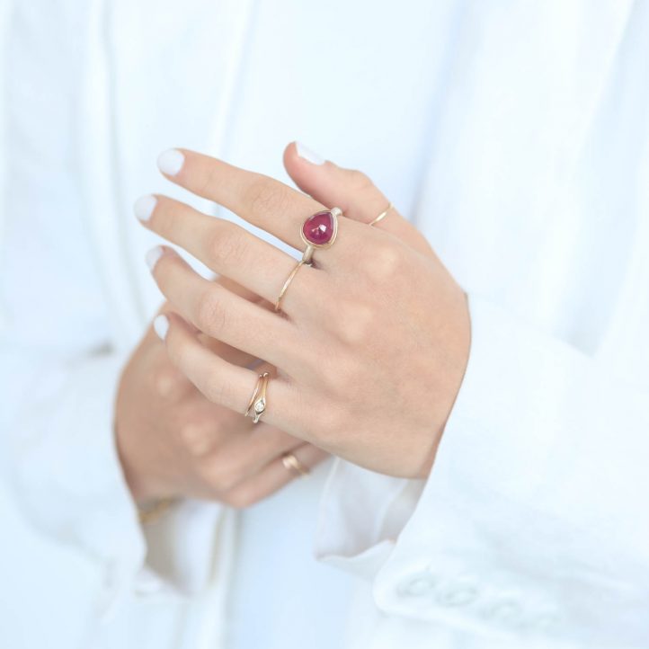 Jamie Joseph : Sterling & 14K Gold Ring ,Small teardrop inverted African Ruby on Egyptian band 3/8" x 3/8" 6.5