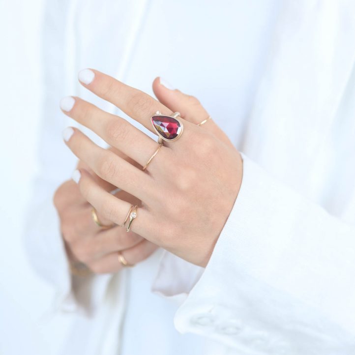 Jamie Joseph: Sterling & 14K Gold Ring w/ Vertical Teardrop Rose Cut RHODOLITE GARNET & .025 ct Satellite Diamond on Egyptian Band 11/16" x 7/16" 7