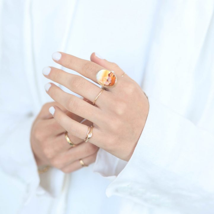 Jamie Joseph:Sterling & 14K Gold Ring w/ Vertical Oval LANDSCAPEAGATE on Egyptian Band,SZ 7,13/16 x 9/16