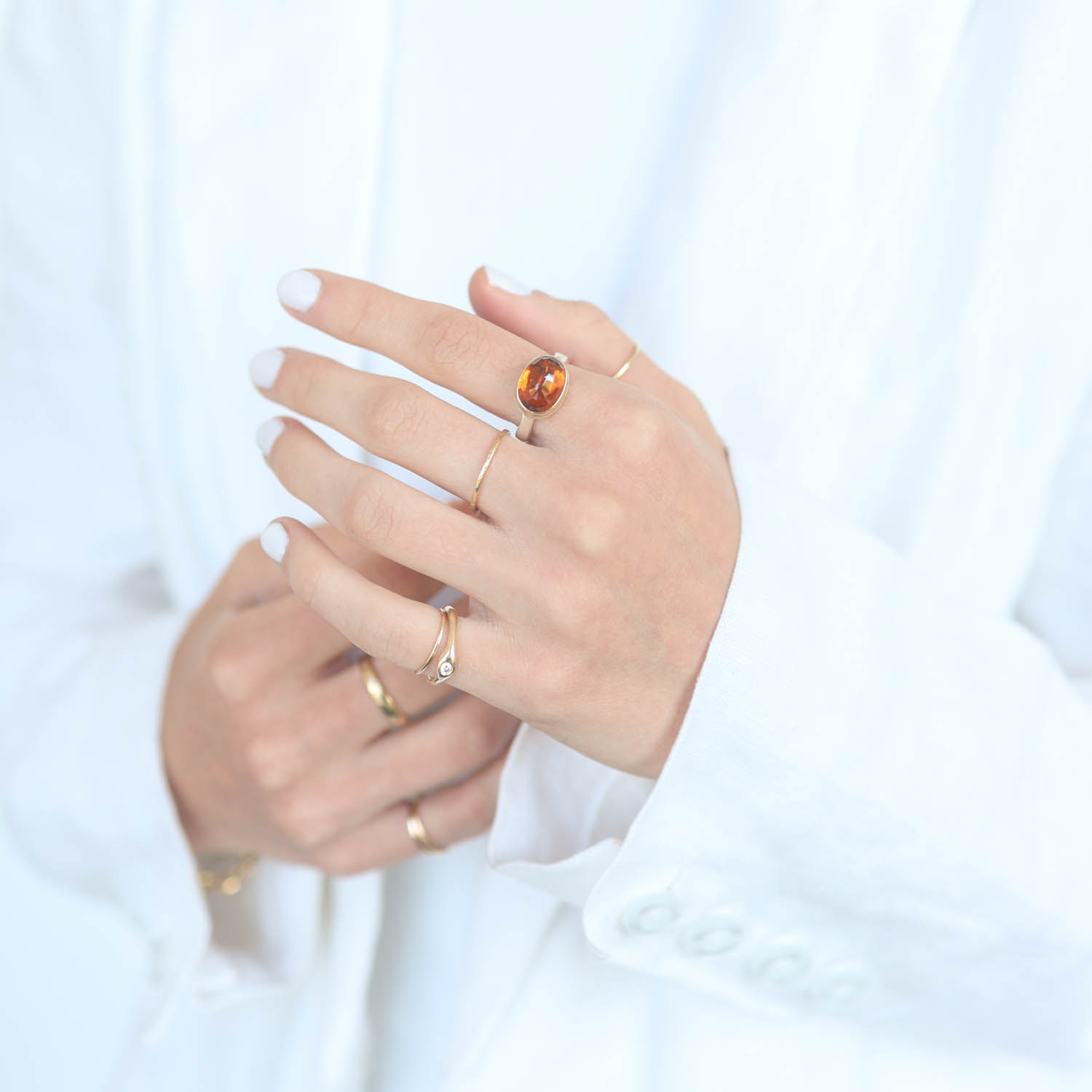 Jamie Joseph:Sterling & 14K Gold Small Oval Inverted HESSONITE GARNET on Eroded Live Edge Band,SZ 7.25,5/16 X 7/16