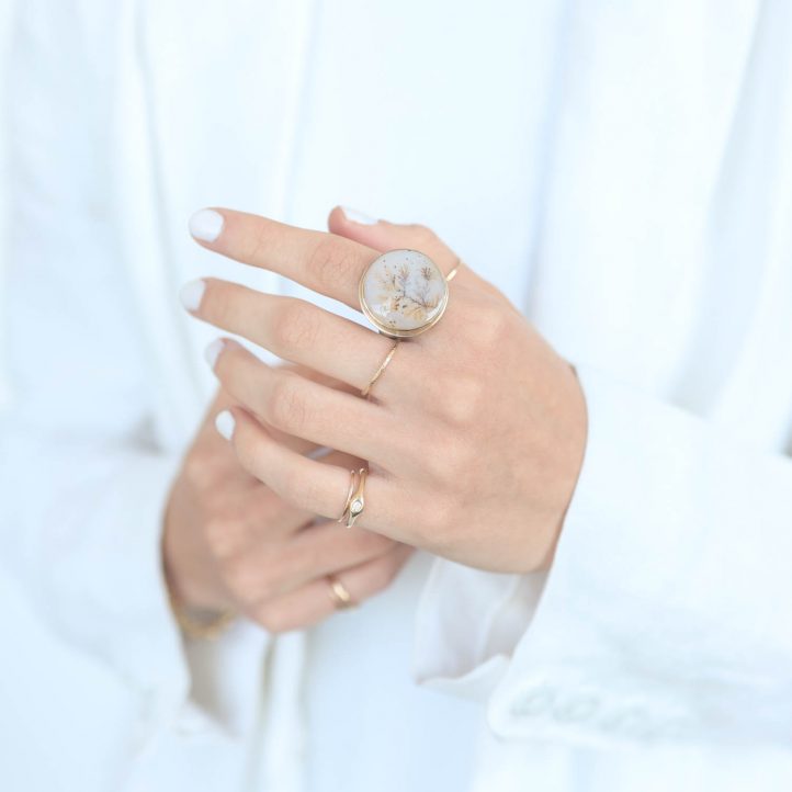 Jamie Joseph:Sterling & 14K Gold Ring w/ Round DENDRITIC AGATE on Groovy Band,sz 7.5,7/8 x 7/8