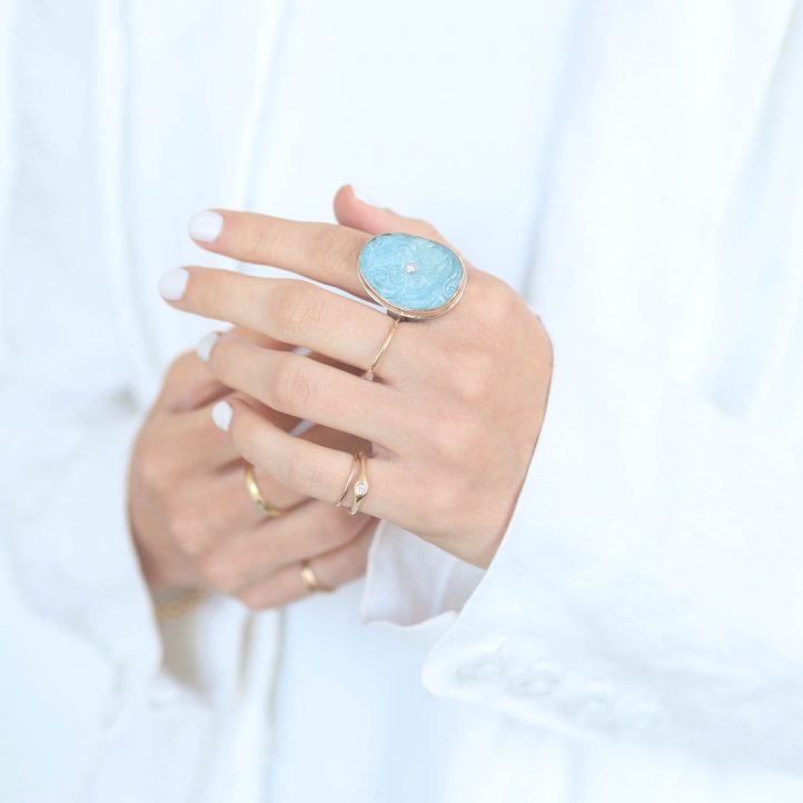 Jamie Joseph:  Sterling & 14K Gold Ring w/ Vertical Asymmetrical Hand Carved AQUAMARINE & .03 ct Diamond on Live Edge Band 1 1/16" x 3/4" 8
