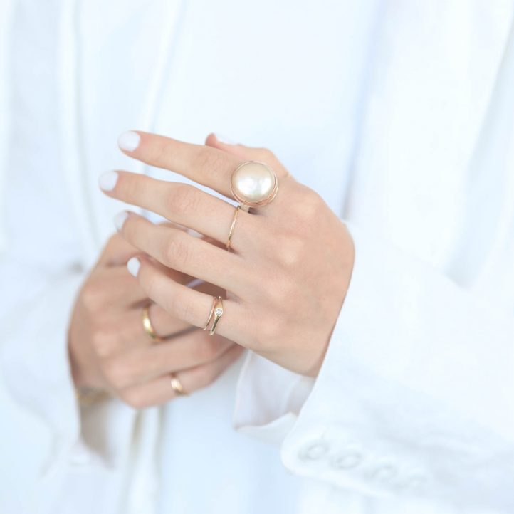 Jamie Joseph:Sterling & 14K Rose Gold Ring w/ Round PINK CULTURED PEARL on Middle Bark Band,sz 7.75,11/16 x 11/16